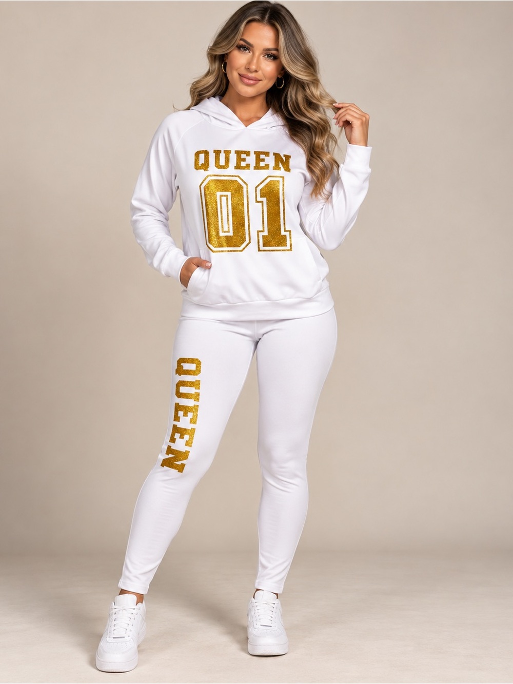 Queen 01 White Hoodie & Legging Set with Gold Lettering